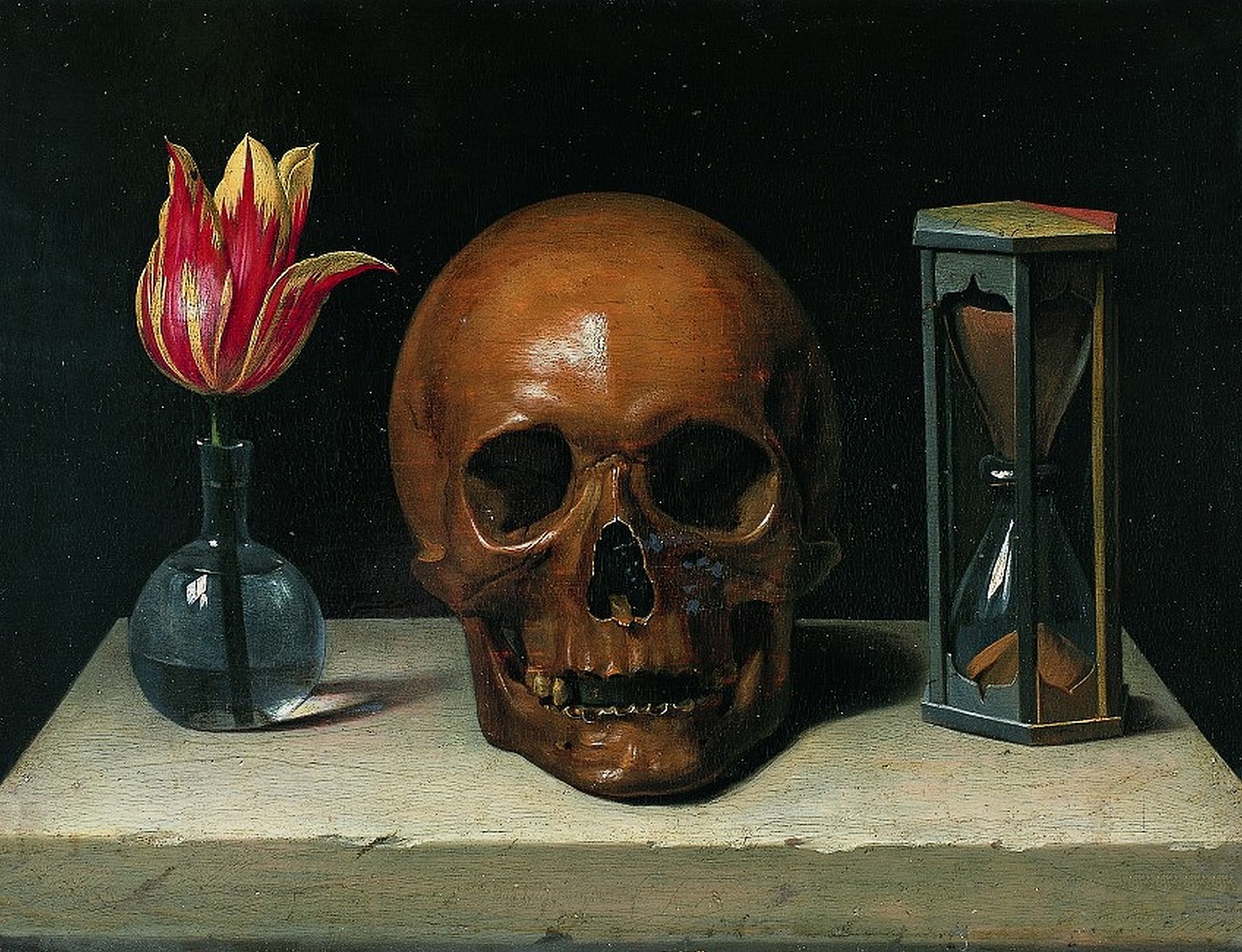 Vanitas — Philippe de Champaigne, c. 1671. Tulipa, crânio e ampulheta: beleza, morte e tempo.