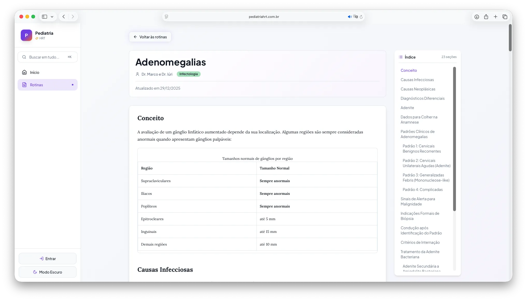 Rotina médica com Table of Contents
