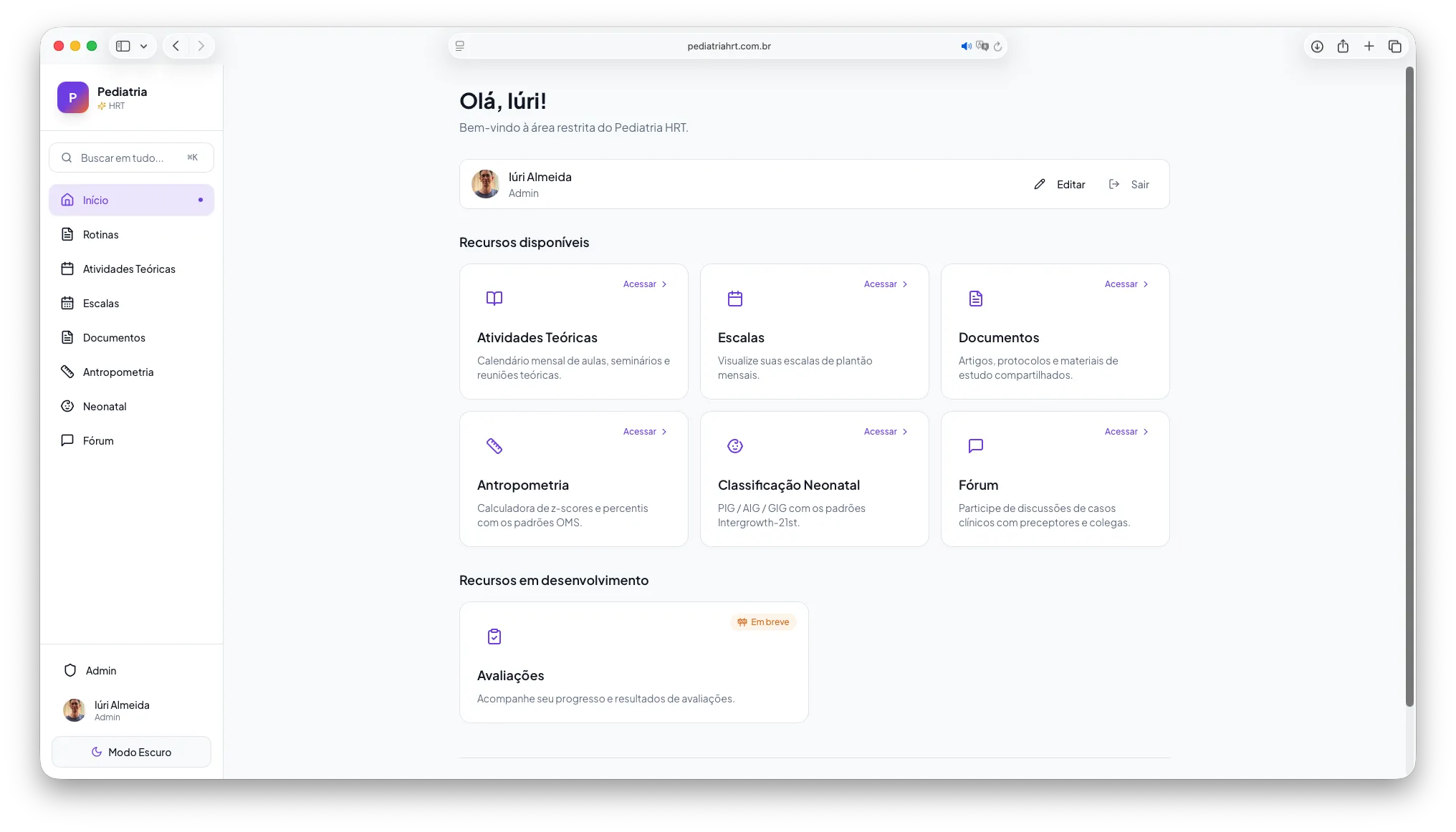 Dashboard com recursos disponíveis