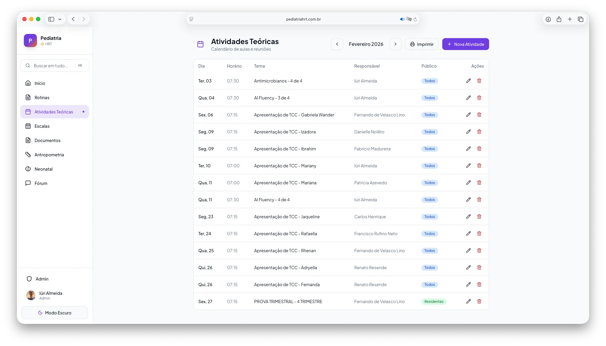 Calendário de atividades teóricas