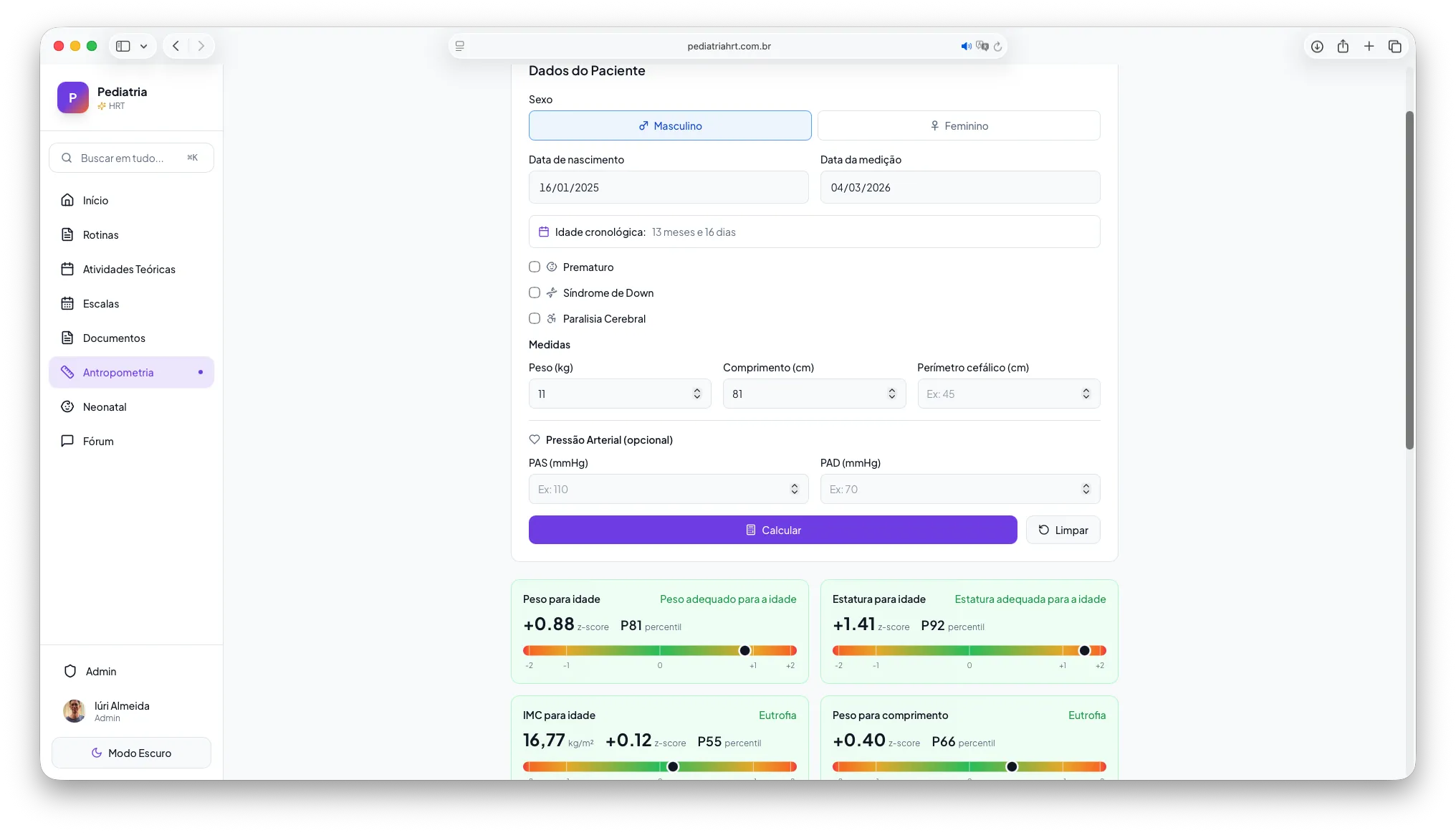 Calculadora antropométrica com z-scores e classificação nutricional