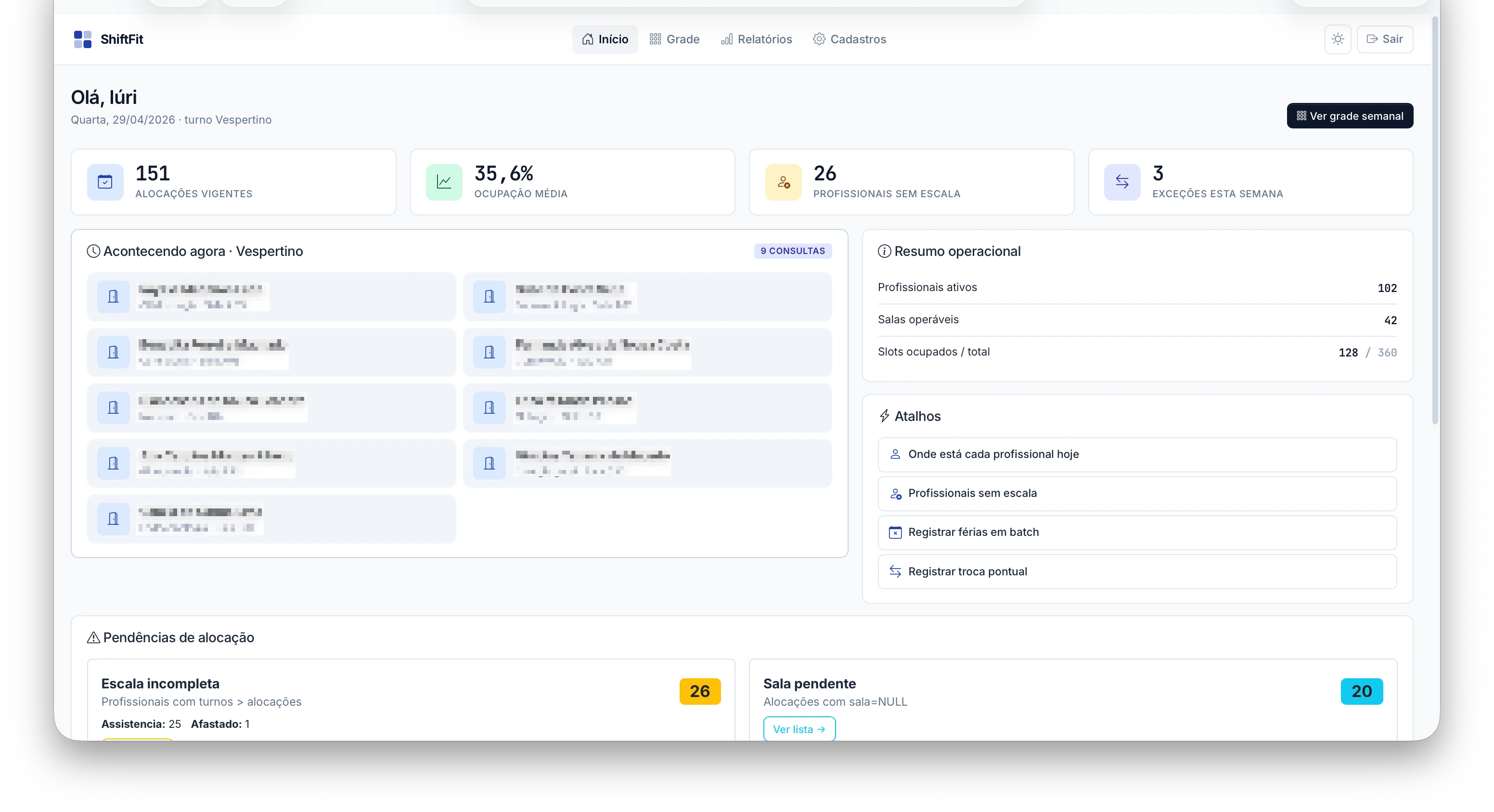 Dashboard inicial — visão de "acontecendo agora", resumo operacional da semana e card de pendências de alocação